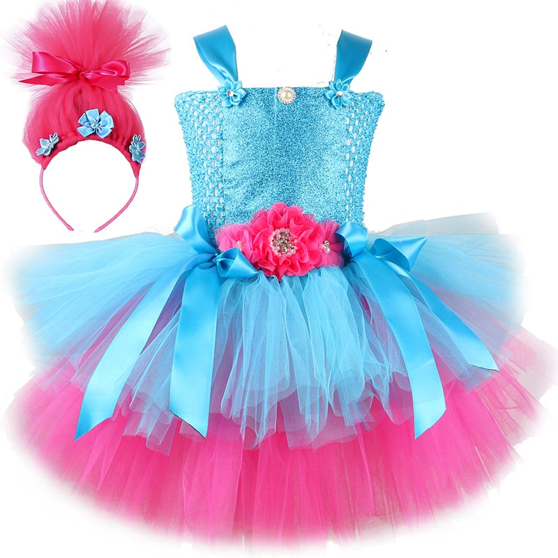 Qfdian halloween decorations halloween costumes Trolls Tutu Dress for Girls Princess Poppy Birthday Costumes for Kids Magic Elves Halloween Dresses Girl Fairy Flower Outfits