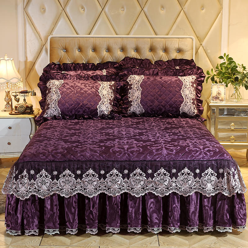 Qfdian Cozy apartment aesthetic hot sale new High-grade Bedding Bed Skirts Pillowcases Purple Velvet Thick Warm Lace Princess Bedspread Bed Sheets Mattress Cover King Queen