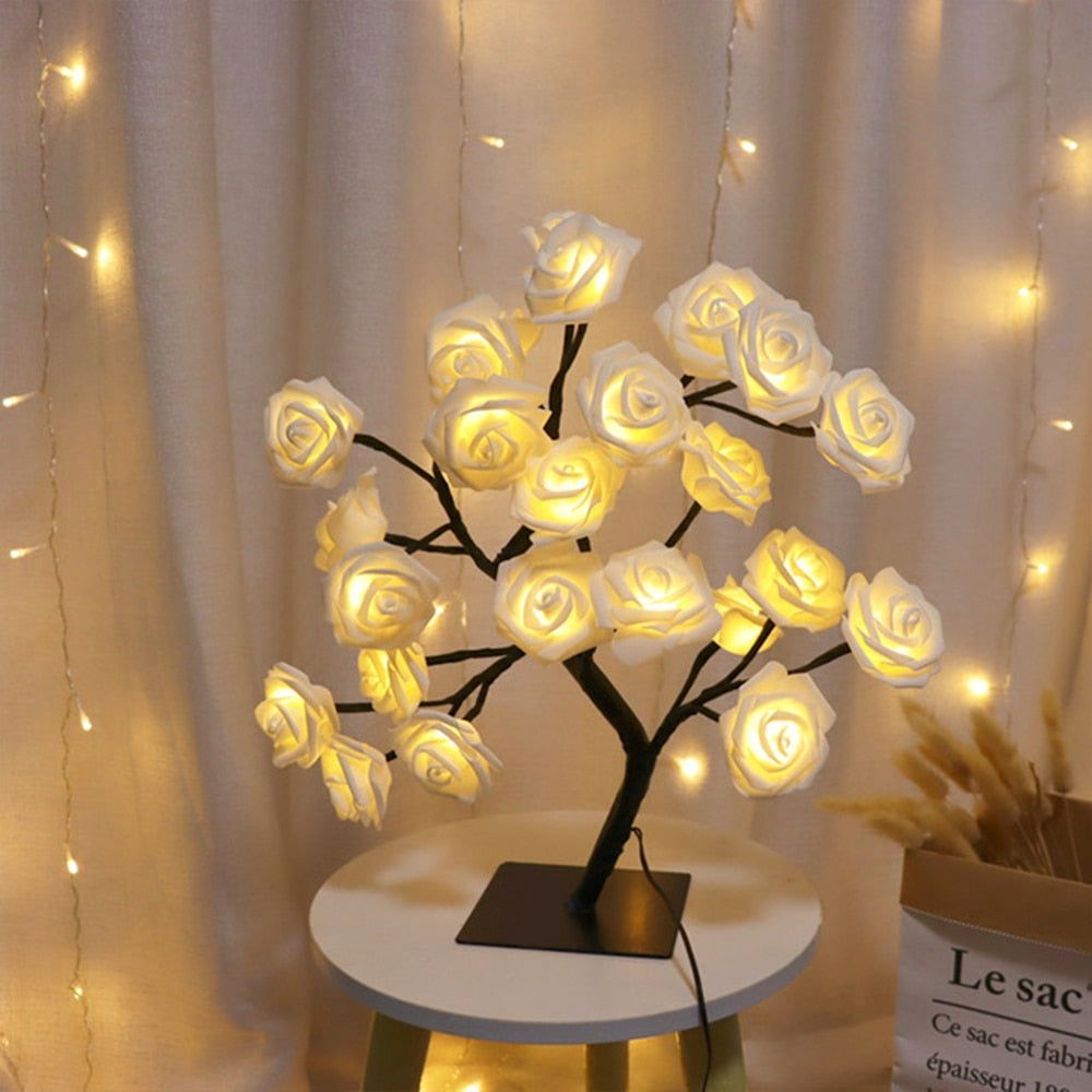 Qfdian home decor hot sale new Rose Flower Tree Lamp Decorative Table Bedside Night Light Christmas Decorations 2022 Led Wedding Fairy Outdoor String For Home