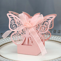 Qfdian 10/50/100pcs Butterfly Laser Cut Hollow Carriage Favors Gifts Box Candy Boxes With Ribbon Baby Shower Wedding Party Supplies