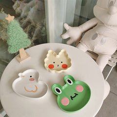 Qfdian Party decoration Party gifts hot sale new Ins Cartoon Dinner Plate Tableware New Frog Rabbit Duck Craft Kawaii Ceramic Cake Dessert Household Kitchen Dinnerware 17Cm