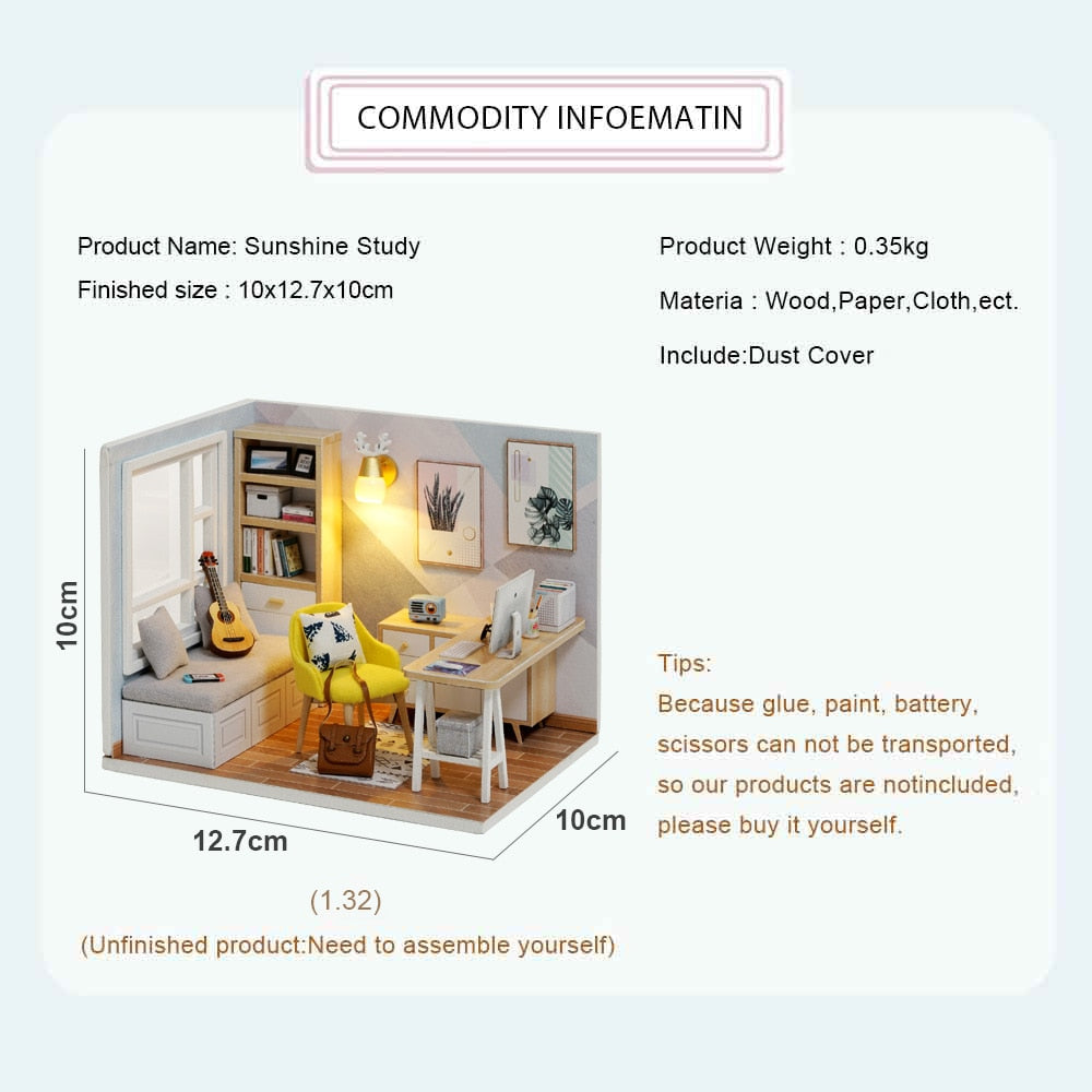 Qfdian Mini Dollhouse kit with Dust Cover Diy Wooden Doll House Miniatures Kit Dollhouse Furniture Accessories Toys for Childre