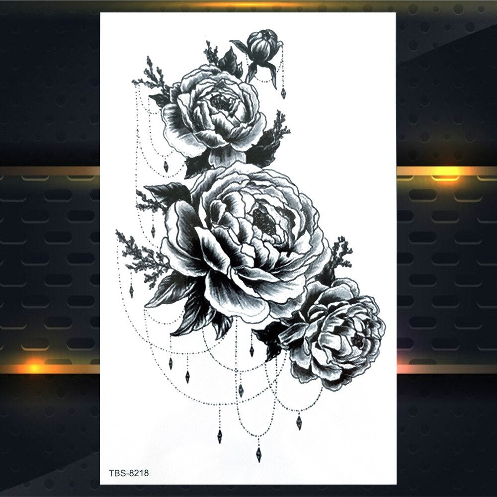 Qfdian gifts for women hot sale new Sexy Mehndi Temporary Tattoos For Women Female Black Rose Flower Fake Tattoo Sticker Hand Jasmine Camellia Branch Tatoo Pendants