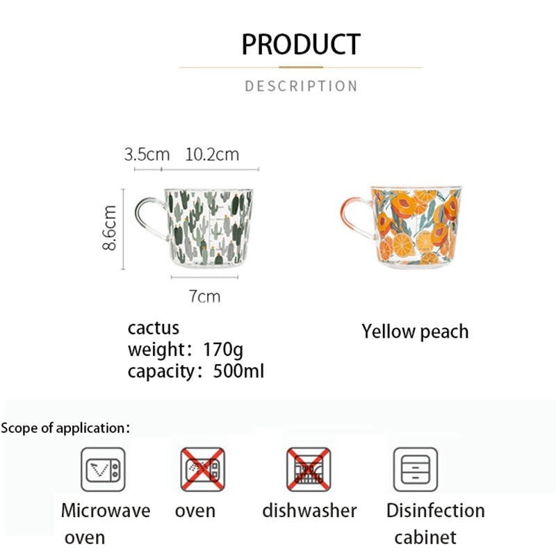 Qfdian Party decoration hot sale new Ins 500ml Yellow Peach Cactus Glass Tea Milk Cups with Scale Coffee Mug Party Creative Drinkware Tumbler Water Cups Japan Style