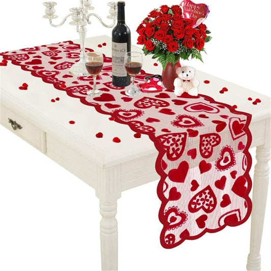 Qfdian Cupid Love Red Heart Lace Table Runner for Home Indoor Valentine's Day Table Decorations Valentine's Day Party Supplies