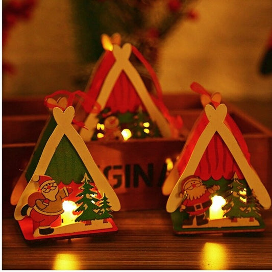 Qfdian Christmas Decorations, Wooden Luminous Colored Small House 14cm, Home Living Room Wall Hanging, Christmas Tree Dress Up Supplies