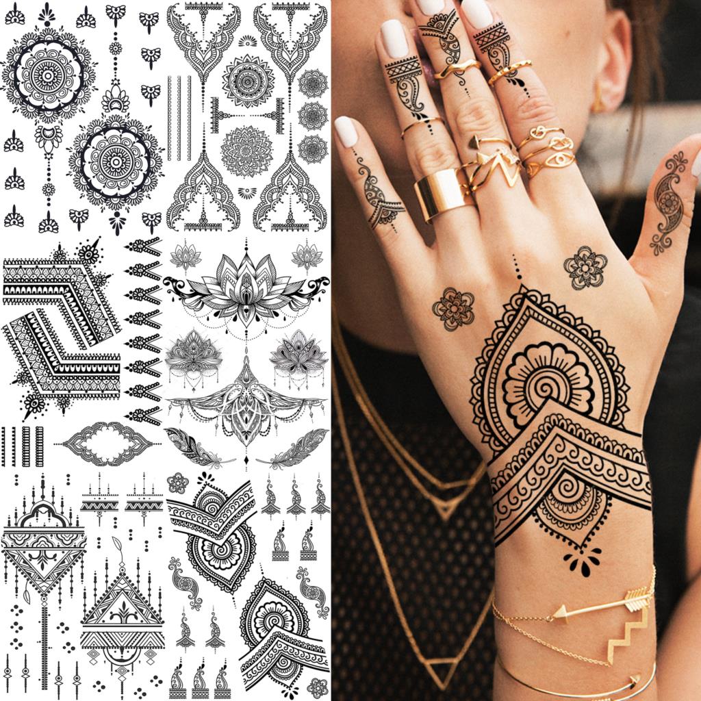 Black Henna Lace Temporary Tattoos Sticker For WOmen Butterfly Moth Mehndi Flower Fake Tatoo Sticker Feather Flora Tatoo