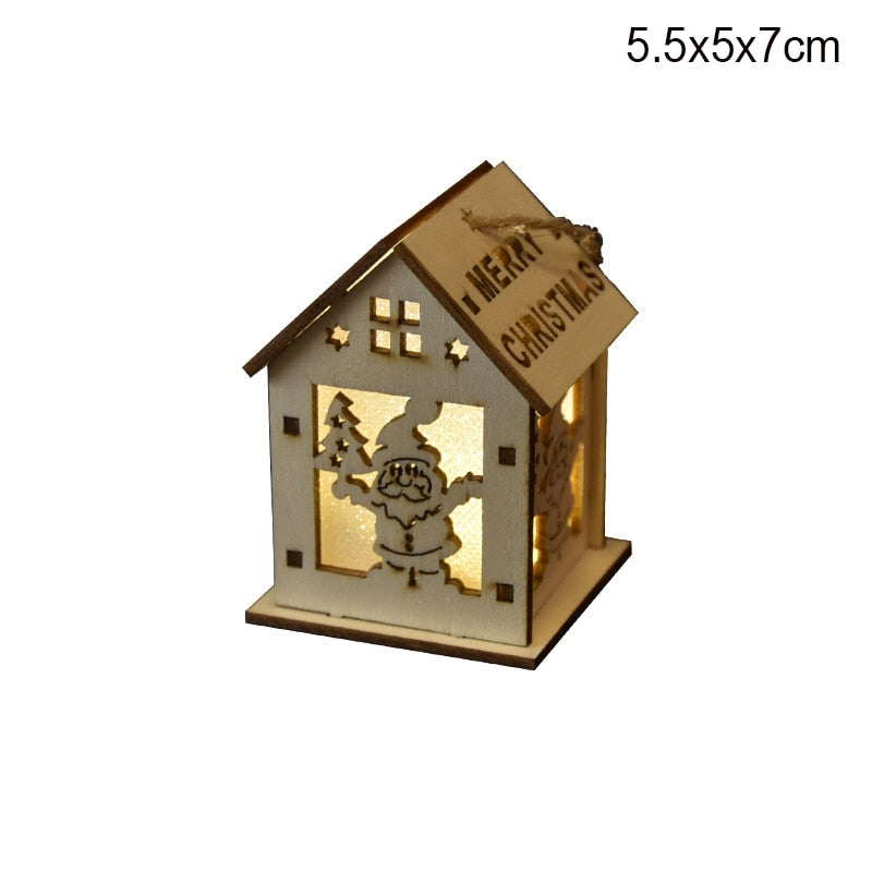 Qfdian halloween decorations halloween costumes halloween gift LED Light Wooden House DIY Merry Christmas Decorations Luminous Cabin Christmas Tree Hanging Xmas Ornaments Kids Gift New Year