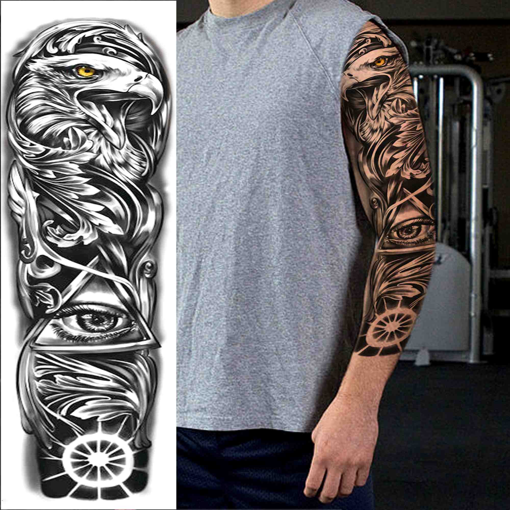 Qfdian gifts for men  Full Arm Evil Eye Temporary Tattoo Sticker For Men Women Realistic Skull Rose Flower Tatoos Body Art 3D Waterproof Fake Tattoos