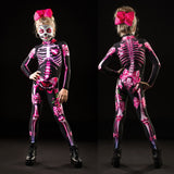 Qfdian halloween decorations halloween costumes halloween giftJumpsuit Sexy Skull Scary Costume Adult Kid Mother Daughter Skeleton Cosplay Pink Print Bodysuit