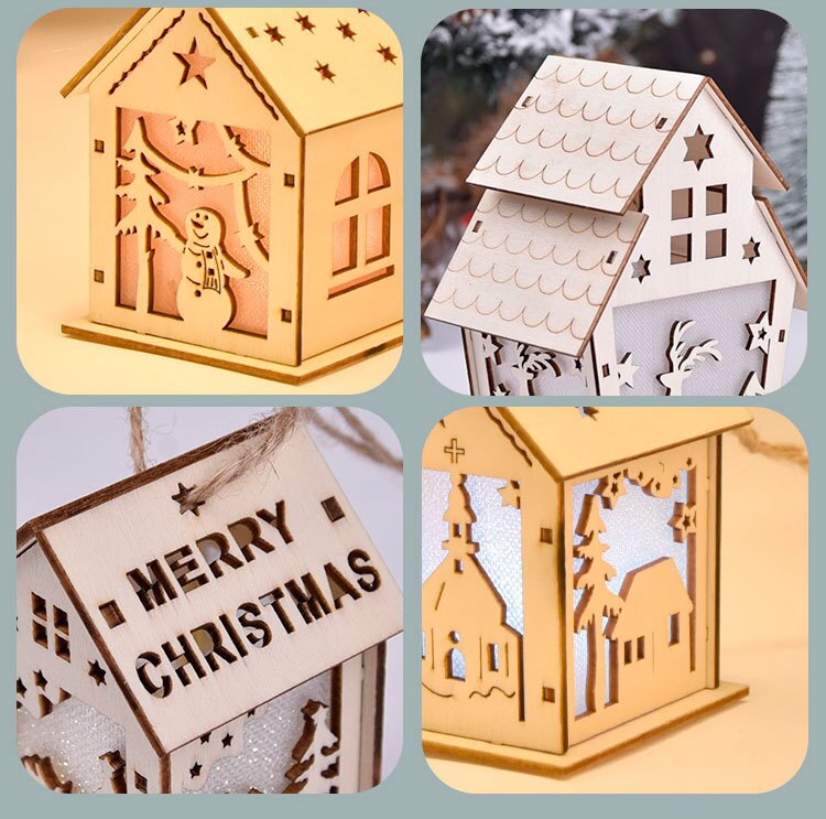 Qfdian halloween decorations halloween costumes halloween gift LED Light Wooden House DIY Merry Christmas Decorations Luminous Cabin Christmas Tree Hanging Xmas Ornaments Kids Gift New Year