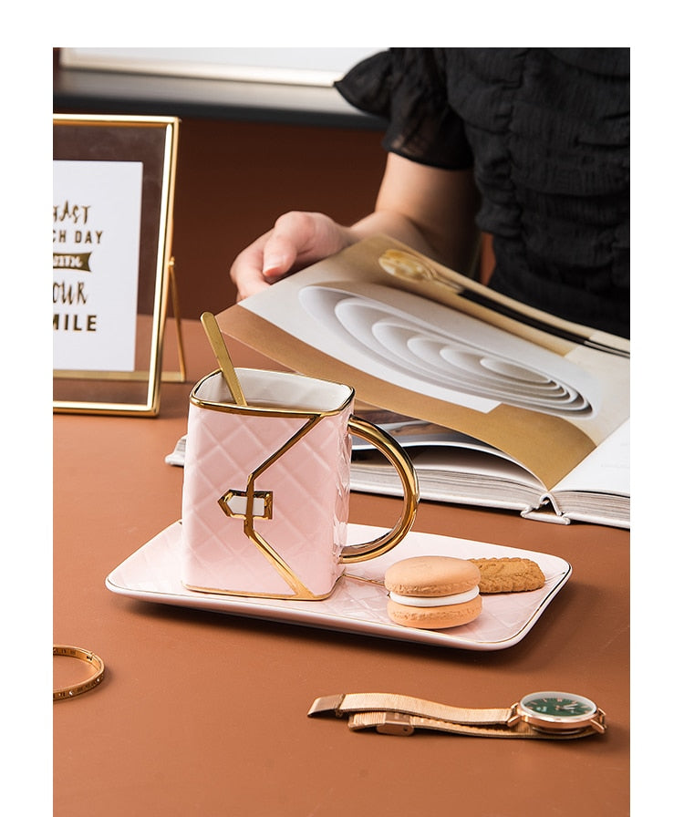 Qfdian valentines day decorations for the home hot sale new Creative Ceramic Bag Shape Coffee Cup And Saucer With Spoon Golden Handle Mug Milk Tea Juice Water Drinks Cup Couple Friend Gift