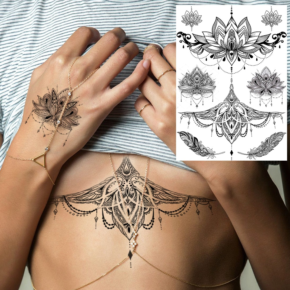 Black Henna Lace Temporary Tattoos Sticker For WOmen Butterfly Moth Mehndi Flower Fake Tatoo Sticker Feather Flora Tatoo