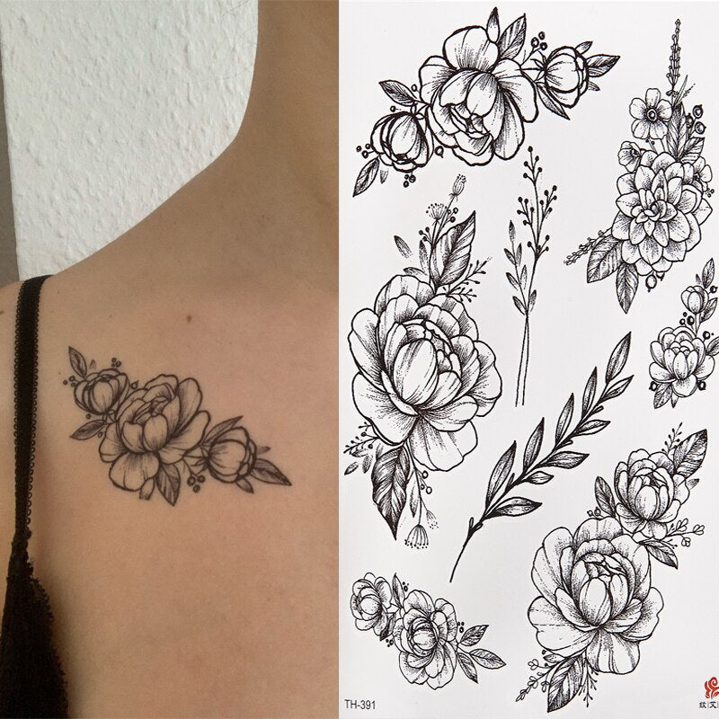 Qfdian Party decoration hot sale new Waterproof Temporary Tattoo Sticker Black Roses Flower Pattern Design Full Flower Arm Body Art Big Large Fake Tattoo Sticker 1PC