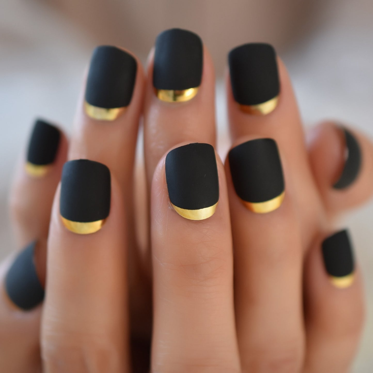 QFDIAN Matt Black Fake Nails Visible Trails of Planets Faux Ongle Square Press On Finger Manicure with Adhesive Tabs 24