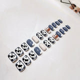 24Pcs false nails with designs cow and Blue Color cut design Fake Nail Shiny Gold Foil  artificial nails with glue for girls