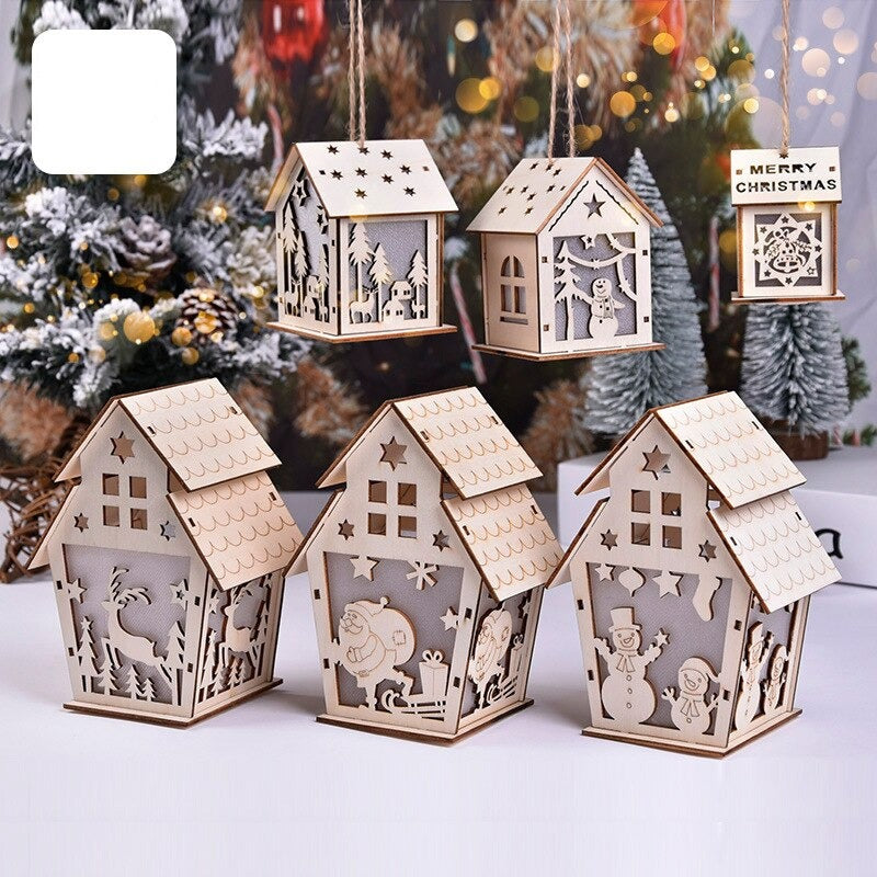 Qfdian halloween decorations halloween costumes halloween gift LED Light Wooden House DIY Merry Christmas Decorations Luminous Cabin Christmas Tree Hanging Xmas Ornaments Kids Gift New Year