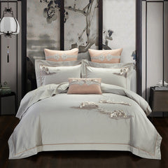 Chinese Style Landscape Scenery Embroidered 300TC Egyptian Cotton 4pcs Bedding Set Duvet Cover Set (Queen King Size,2 Types)