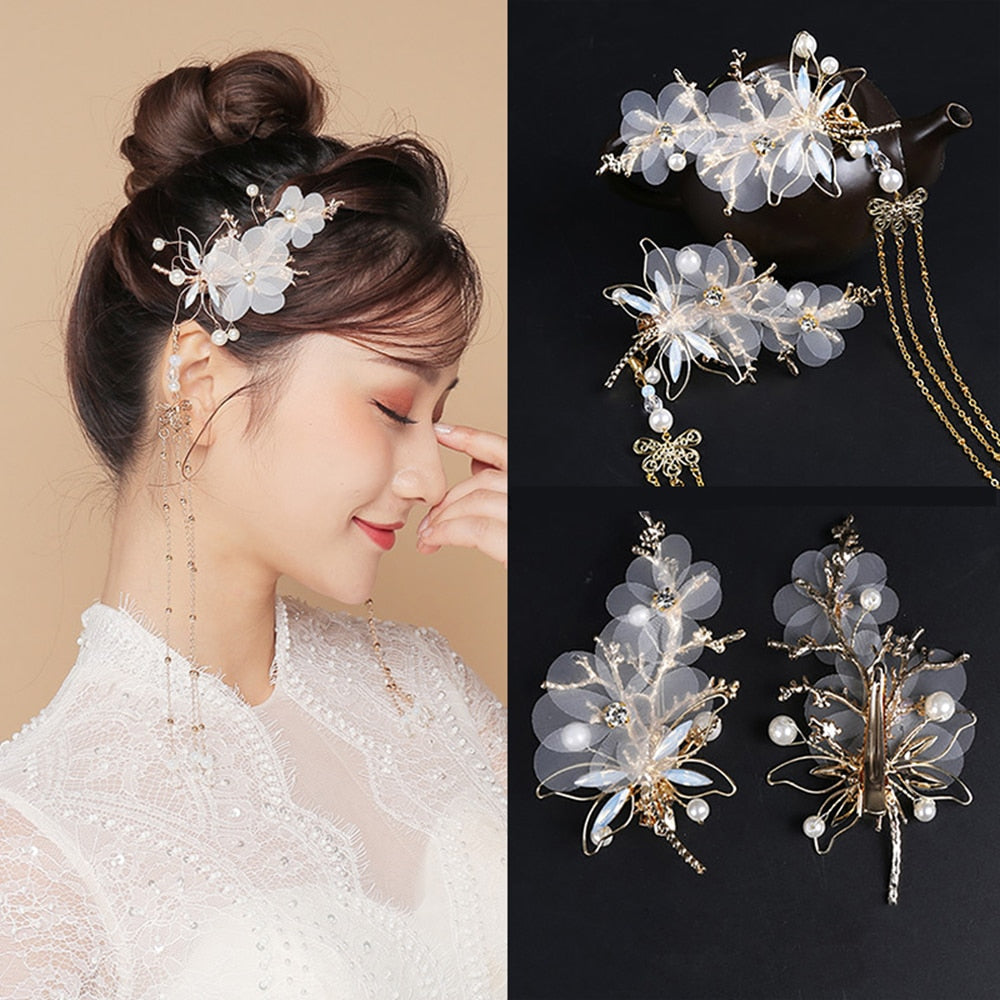 Qfdian gifts for women hot sale new HANFU Chinese Traditional Classical Style Tassel Hair fork  Dragonfly Butterfly Headwear Elegant Wedding Hair Accessories