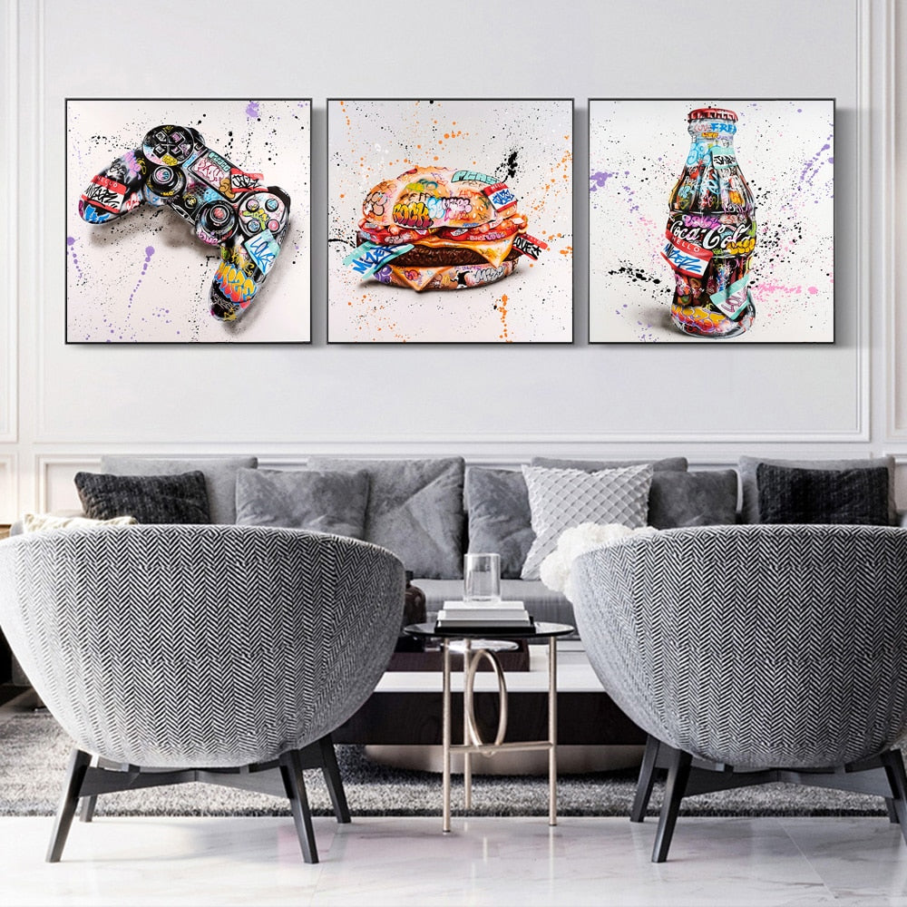 Qfdian living room lighting ideas farmhouse dining room Graffiti Hamburg Game Controllers Drinks Street Art Canvas Print Painting Fashion Wall Picture Living Home Decoration Poster