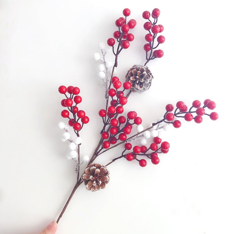 Qfdian  Christmas Berry Artificial Pinecone Red Fruit for Christmas Decoration Fake Flower Artificial Pine Tree Branches
