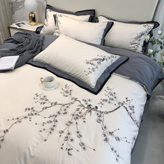 White Flower Bird Embroidered Bedding Set 600TC Egyptian Cotton Soft Queen King Size Bed Sheet Pillowcase Duvet Cover Set 4Pcs