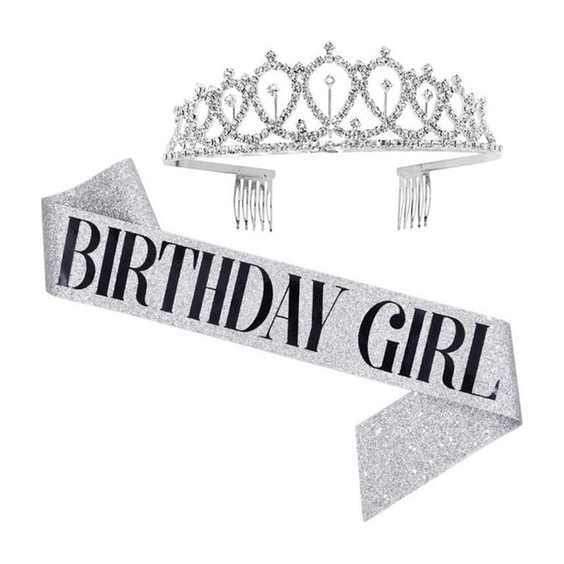 Qfdian Party decoration valentines day 18 30 40 50 60 Happy Birthday Girl Queen Sash Crystal Crown Headband Birthday Party Decoration Adult Anniversary Party Ornaments