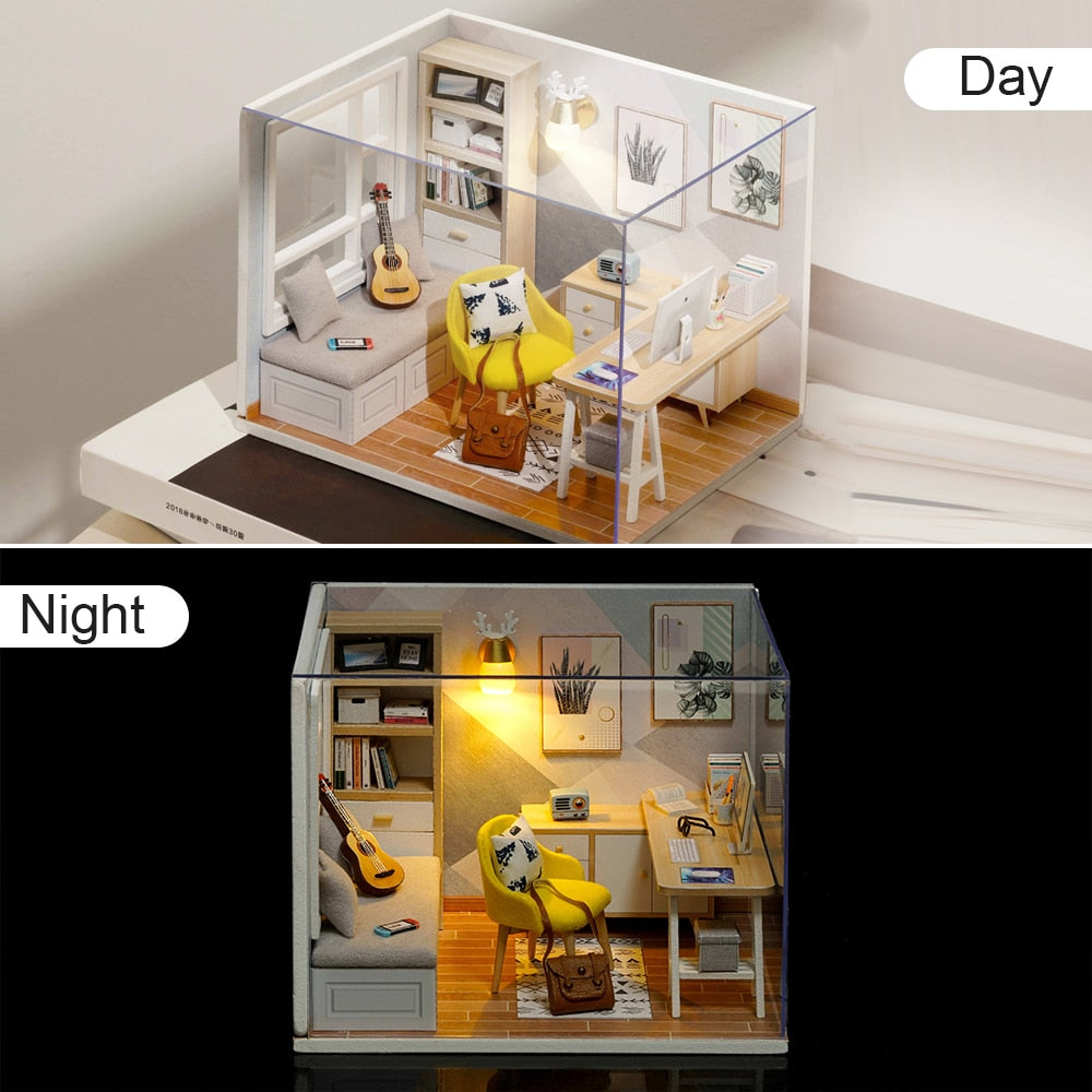 Qfdian Mini Dollhouse kit with Dust Cover Diy Wooden Doll House Miniatures Kit Dollhouse Furniture Accessories Toys for Childre