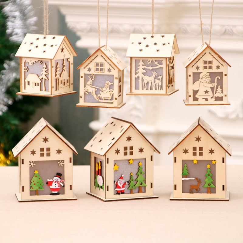 Qfdian halloween decorations christmas decorations Luminous Wooden House Snow House Christmas Tree Hanging Decor Noel Window Display Decor Xmas New Year Gift