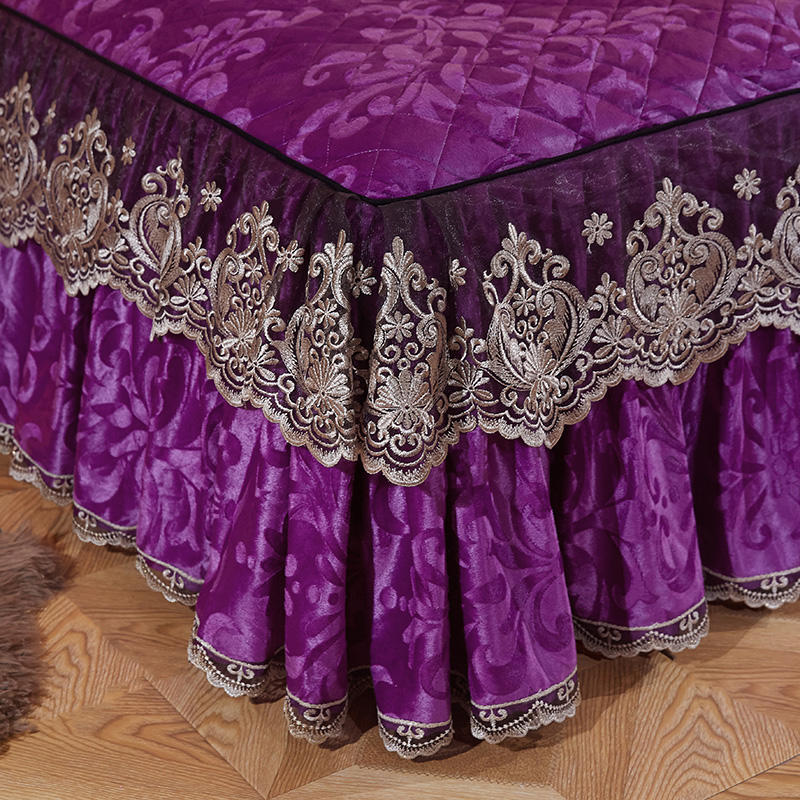 Qfdian Cozy apartment aesthetic hot sale new High-grade Bedding Bed Skirts Pillowcases Purple Velvet Thick Warm Lace Princess Bedspread Bed Sheets Mattress Cover King Queen