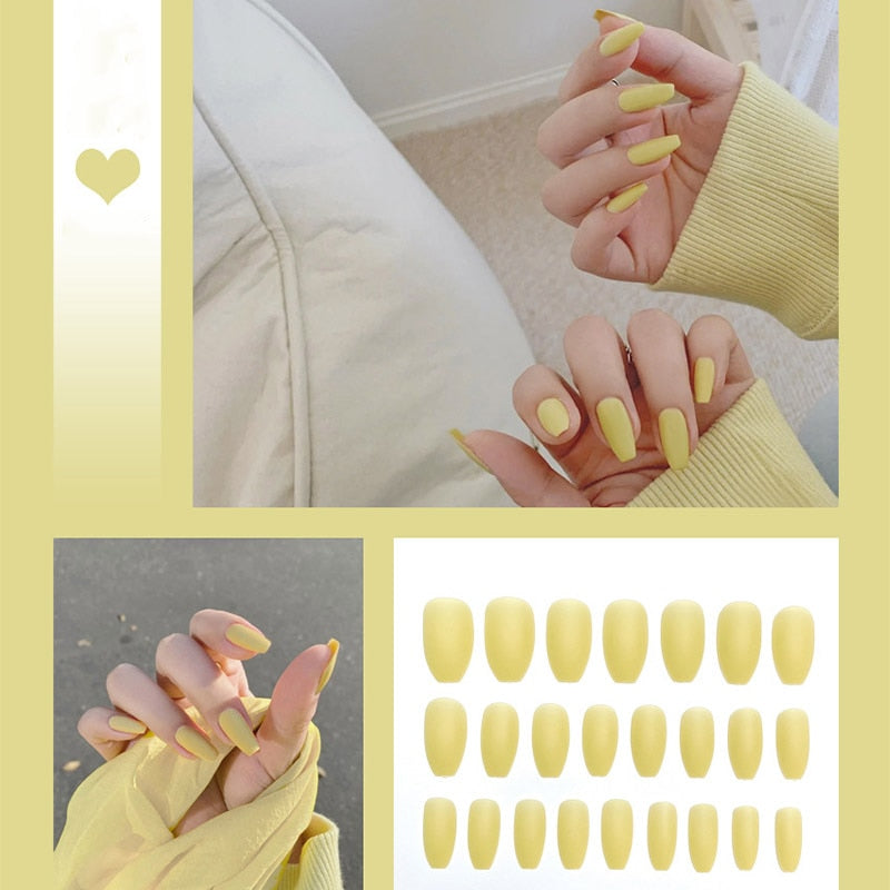 QFDSIAN 24pcs/box Full Cover fake Press on Nails Matte Yellow Pure Acrylic Frosted Ballerina acrylic for nails for Women free shipping