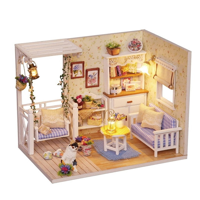 Qfdian Mini Dollhouse kit with Dust Cover Diy Wooden Doll House Miniatures Kit Dollhouse Furniture Accessories Toys for Childre