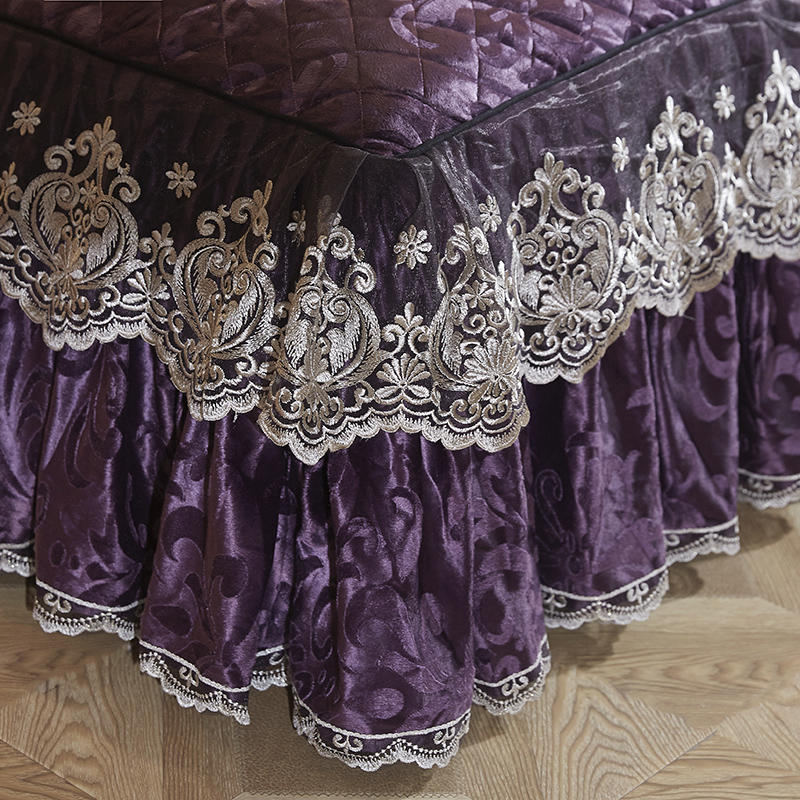 Qfdian Cozy apartment aesthetic hot sale new High-grade Bedding Bed Skirts Pillowcases Purple Velvet Thick Warm Lace Princess Bedspread Bed Sheets Mattress Cover King Queen