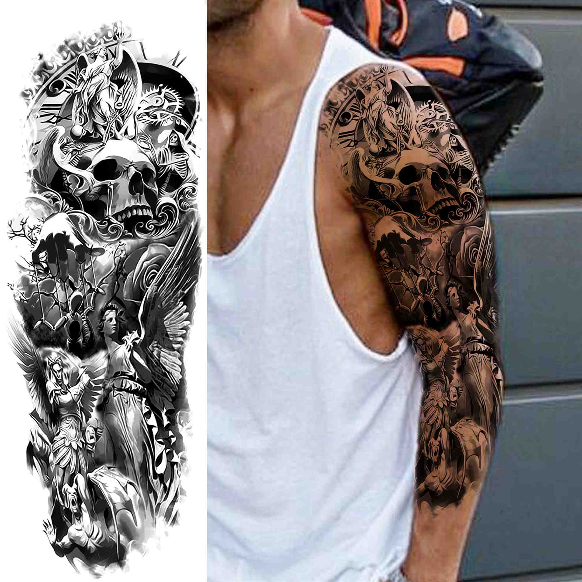 Qfdian gifts for men  Full Arm Evil Eye Temporary Tattoo Sticker For Men Women Realistic Skull Rose Flower Tatoos Body Art 3D Waterproof Fake Tattoos