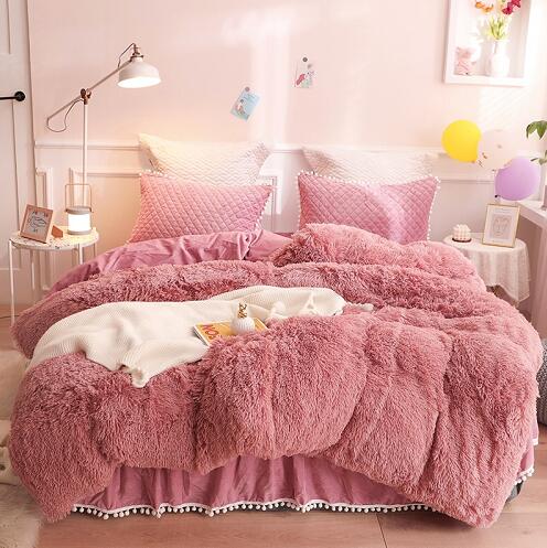 Luxury Plush Shaggy Duvet Cover Set Quilted Pompoms Fringe Ruffles Bedskirt Pillow Shams Bedding Set Twin Full Queen King 4/6PCS