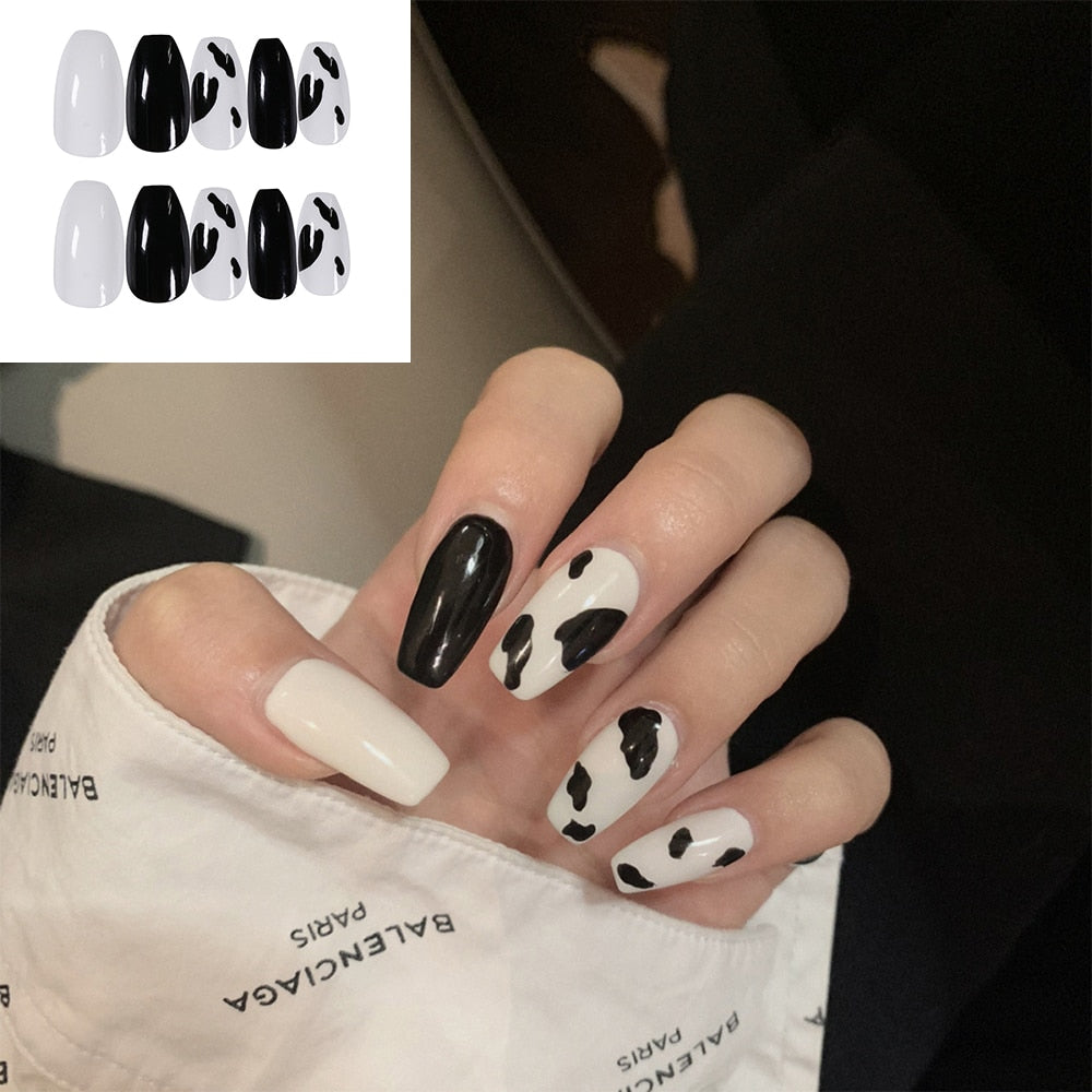 Qfdian gifts for women hot sale new 24PCS Fake Nails With Glue Rhinestones Long Coffin Flame Press on Nails Detachable French Stick on Nails Art DIY faux ongles