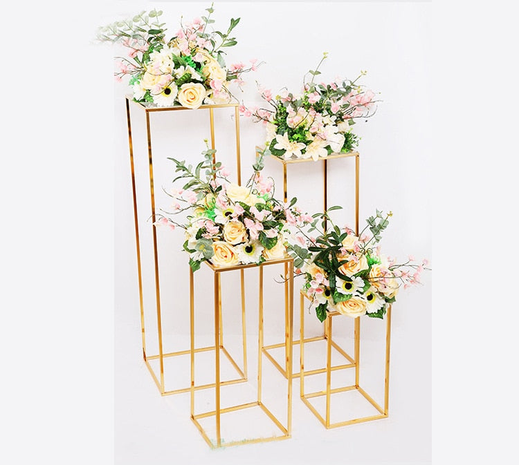 Qfdian Party decoration 4pcs Wedding Centerpiece Gold-Plated Geometric Flower Stand Home Decoration Shiny Metal Iron Rectangle Square Frame Backdrop