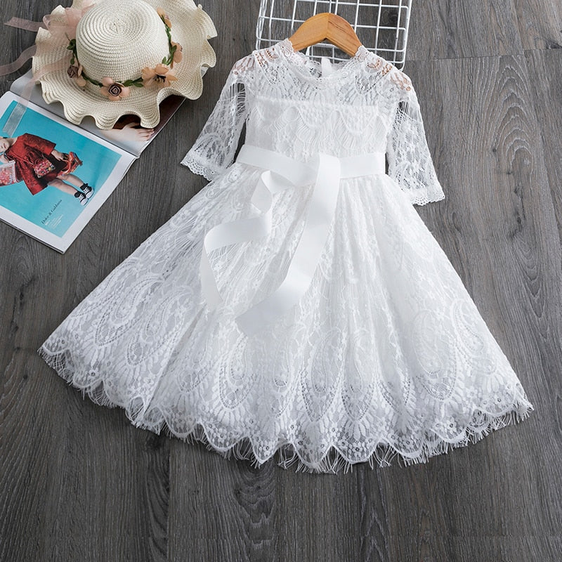 QFDIAN Summer Teens Girl Dresses For Child Floral Short Sleeve Gowns Children Dresses Lace Party Dress Vestido Infantil 3 to 8 Years