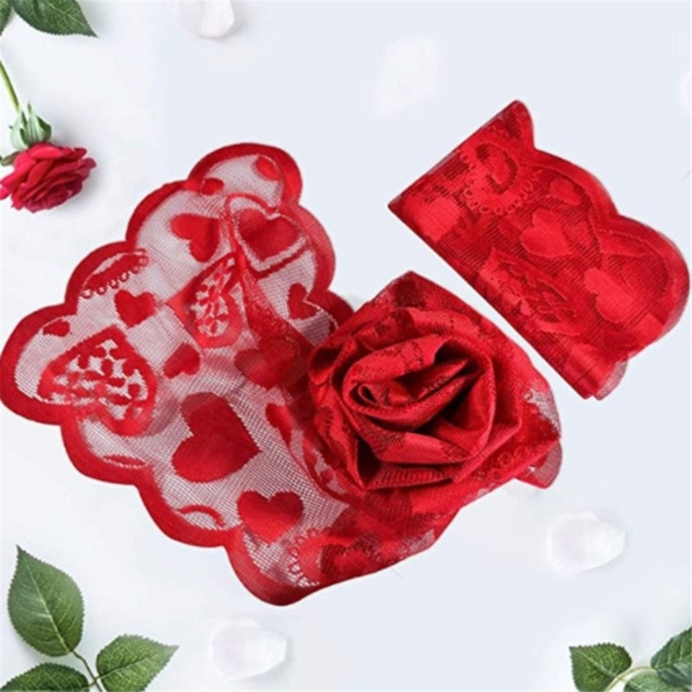 Qfdian Cupid Love Red Heart Lace Table Runner for Home Indoor Valentine's Day Table Decorations Valentine's Day Party Supplies