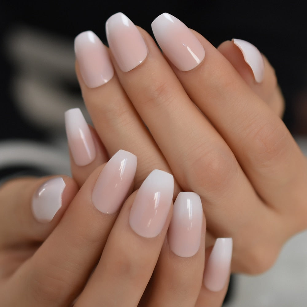 Qfdian Natural Nude Color Press On Nails Marble White Artificial False Nails Square Short Glossy Pattern Tips with Glue Sticker