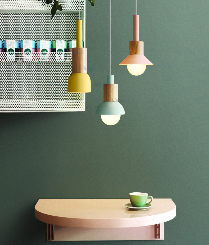 Qfdian home decor hot sale new Iron Wood Macaron Pendant Lamp Pink Green Yellow Hotel Restaurant Sitting Dining Room Bedroom Nordic Hanging Suspension Lighting