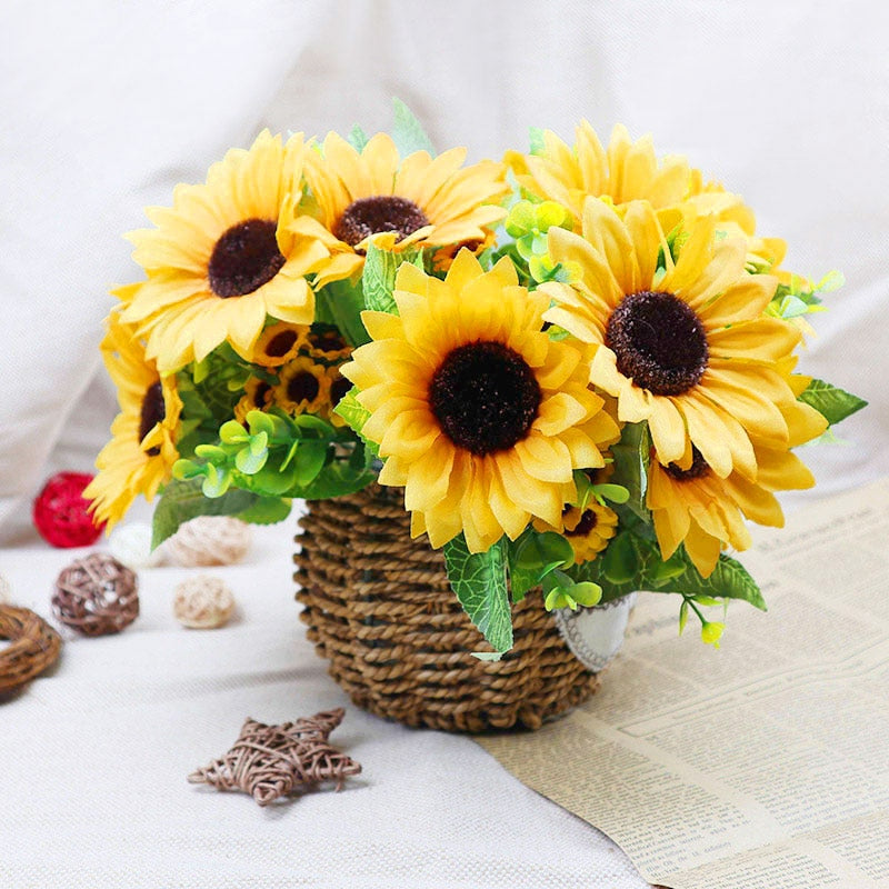 Qfdian halloween decorations christmas decorations 7 Branch Artificial Sunflower Bouquet Silk Sunflower Fake Flower DIY Wedding Bouquets Centerpieces Arrangements Party Home Decor