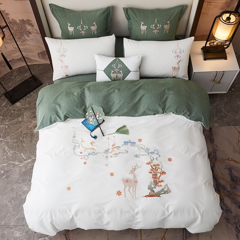 Embroidered Fairy Deer Bedding Set Soft Washed Cotton Bed Sheet Pillowcase Duvet Cover Set 4Pcs(Queen King Size,White and Green)