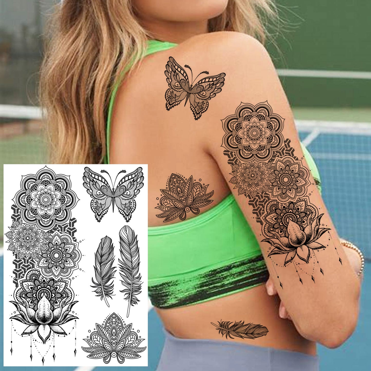 Black Henna Lace Temporary Tattoos Sticker For WOmen Butterfly Moth Mehndi Flower Fake Tatoo Sticker Feather Flora Tatoo