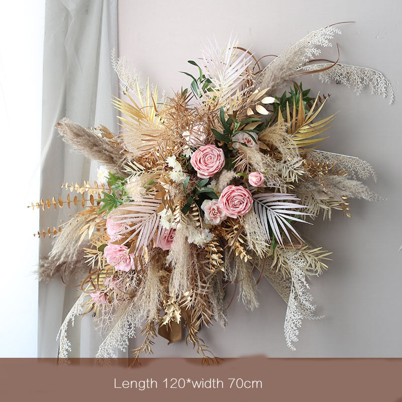 Qfdian Natural Dried Pampas Grass Gold Leaf Artificial Rose Flower Row Arrangement Wedding Props Arch Backdrop Deco Wall Hanging Floral