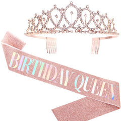 Qfdian Party decoration valentines day 18 30 40 50 60 Happy Birthday Girl Queen Sash Crystal Crown Headband Birthday Party Decoration Adult Anniversary Party Ornaments