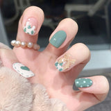 24Pcs false nails with designs cow and Blue Color cut design Fake Nail Shiny Gold Foil  artificial nails with glue for girls