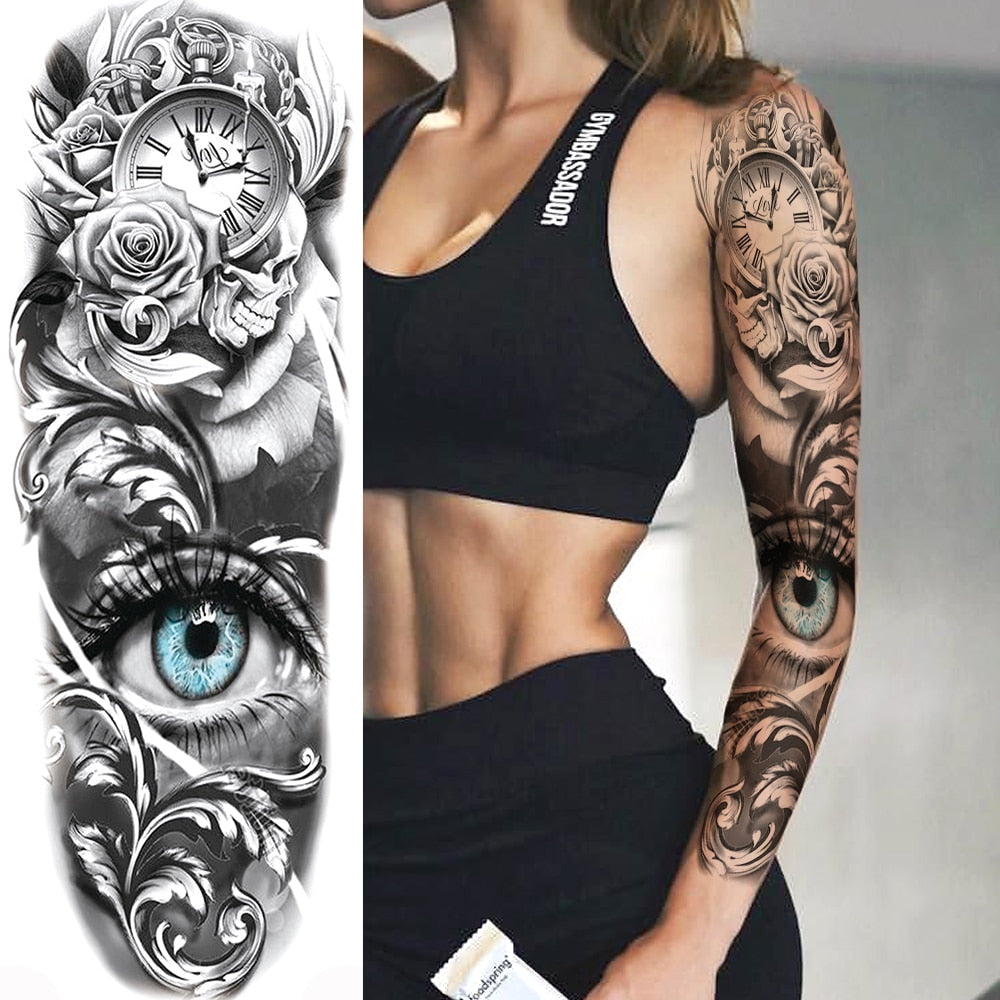 Qfdian gifts for men  Full Arm Evil Eye Temporary Tattoo Sticker For Men Women Realistic Skull Rose Flower Tatoos Body Art 3D Waterproof Fake Tattoos