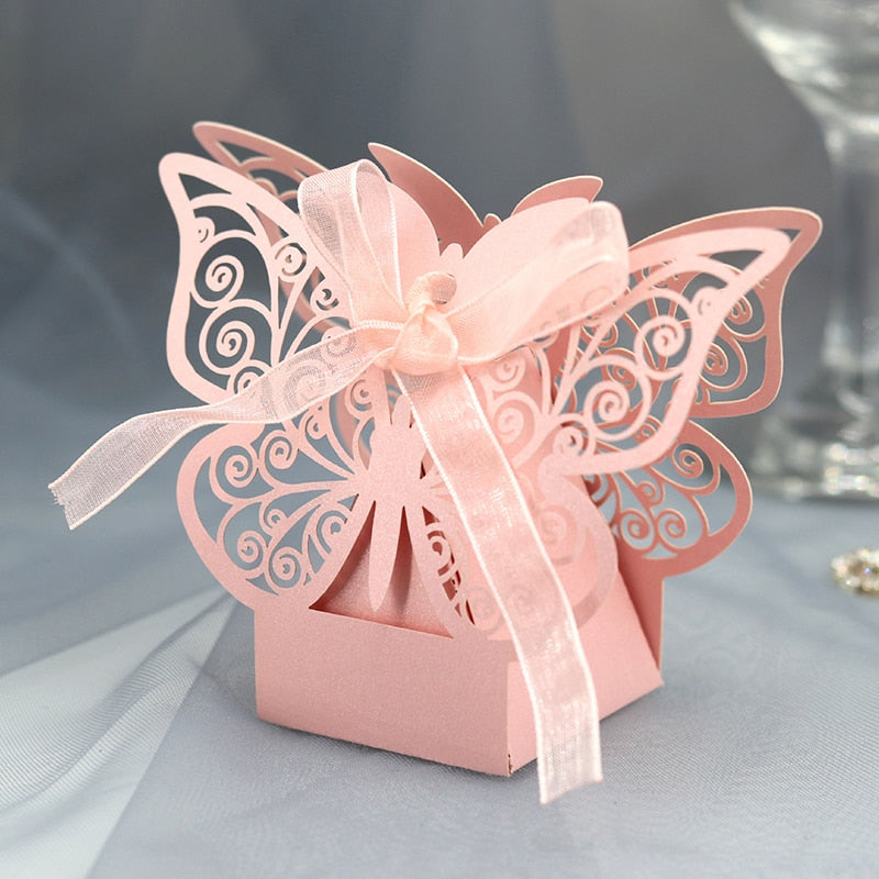 Qfdian 10/50/100pcs Butterfly Laser Cut Hollow Carriage Favors Gifts Box Candy Boxes With Ribbon Baby Shower Wedding Party Supplies