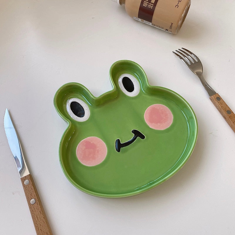 Qfdian Party decoration Party gifts hot sale new Ins Cartoon Dinner Plate Tableware New Frog Rabbit Duck Craft Kawaii Ceramic Cake Dessert Household Kitchen Dinnerware 17Cm